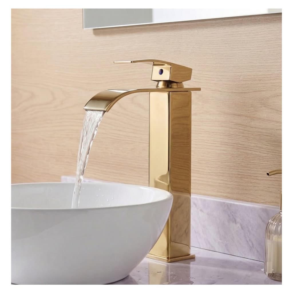Torneira Banheiro Cascata Monocomando Pia Cuba Bancada Lavabo Metal Aço Inoxidável Gold Dourada Alta