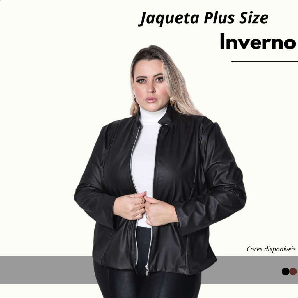Jaqueta Plus Size Couro Fake Feminina Super Luxo Com Ziper Frontal E Bolso Funcional