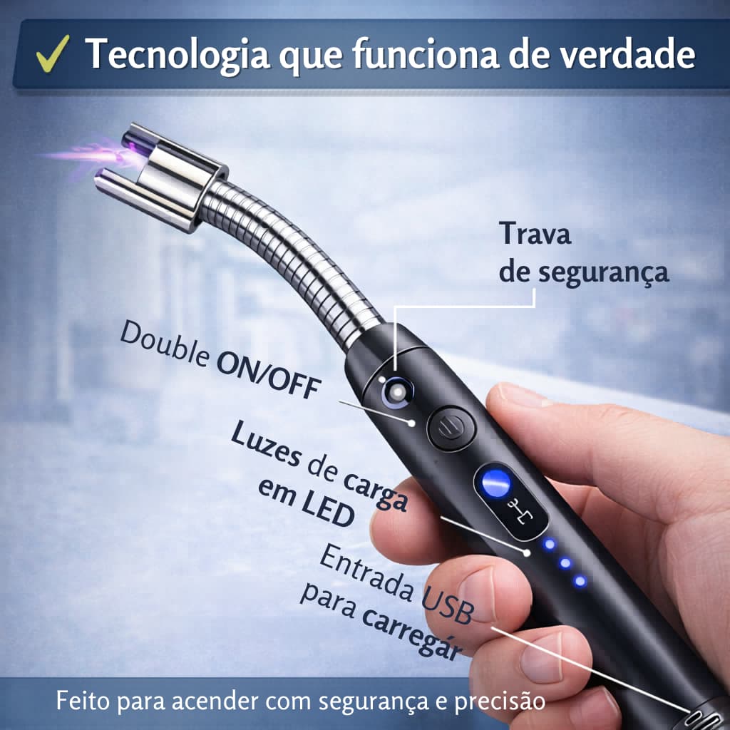Isqueiro Elétrico Recarregável USB Plasma Acendedor Fogão Churrasqueira Haste Flexível