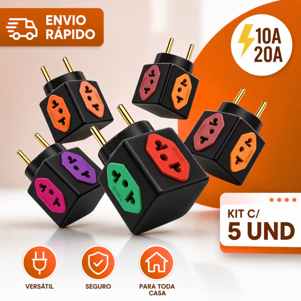 Adaptadores de Tomada Benjamim Cubo Preto 4 Saídas Pino Maciço 10A/20A