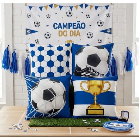 Decor Kit 4 Capas De Almofadas Futebol Bola e Rede Azul Seu Time do Coração Infantil