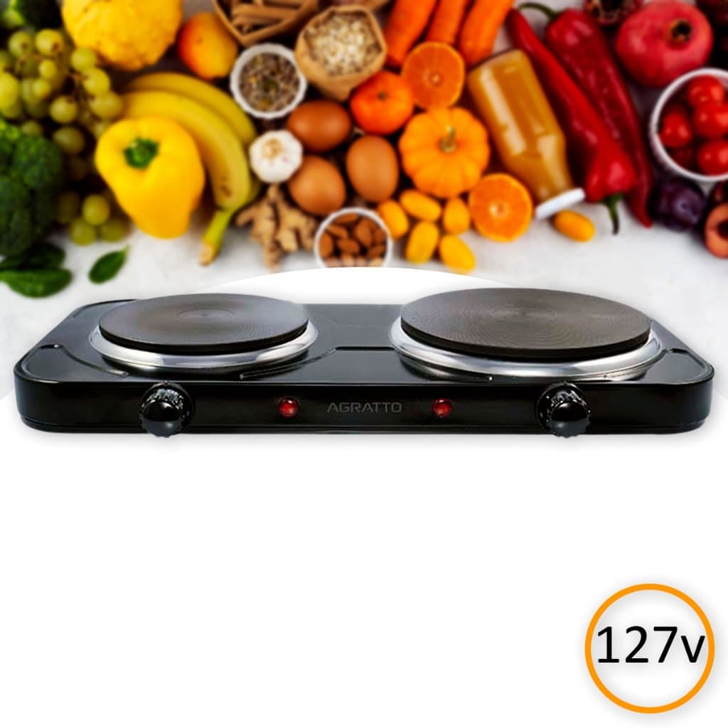 Fogão Fogareiro Elétrico de Mesa Portátil 2 Bocas Preto 2500w 127v Agratto
