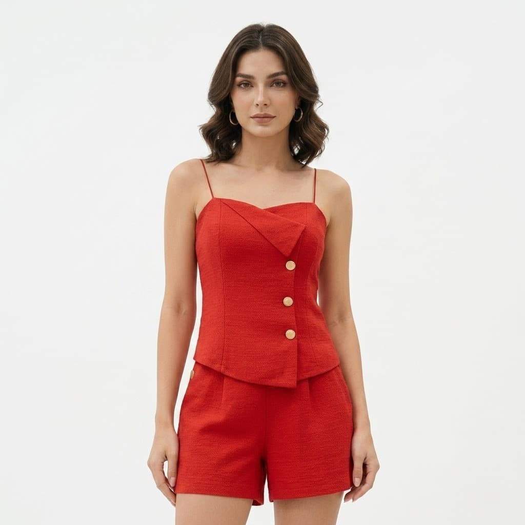 Conjunto Alfaiataria Feminino Colete Alça Fina Short Cintura Alta Botões Dourados Elegante