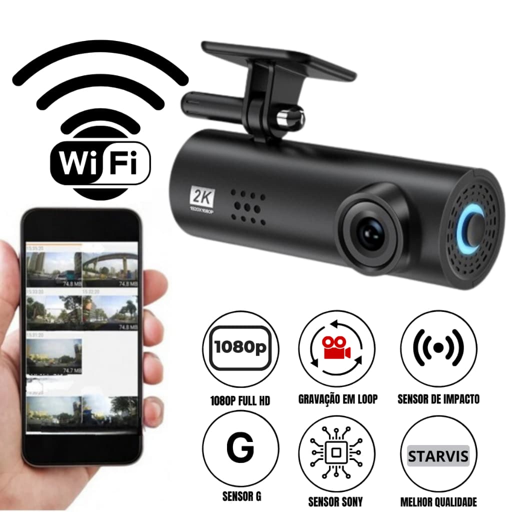 Dash Cam 2K Câmera Automotiva WiFi Visão Noturna Sensor G 170° Grava Loop Carro