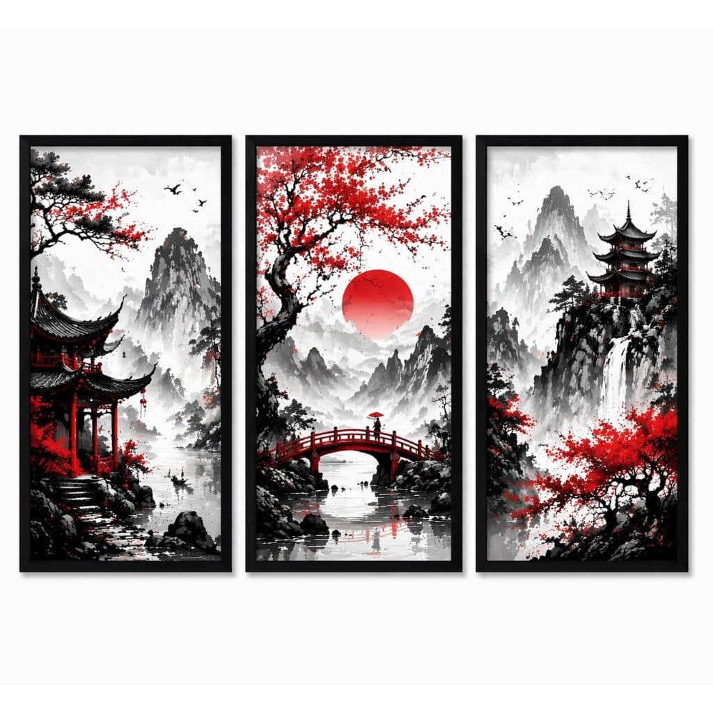 Kit 3 Quadros Japones Paisagem Oriental Decorativo Sala Quarto Montanha Sol Vermelho Sakura