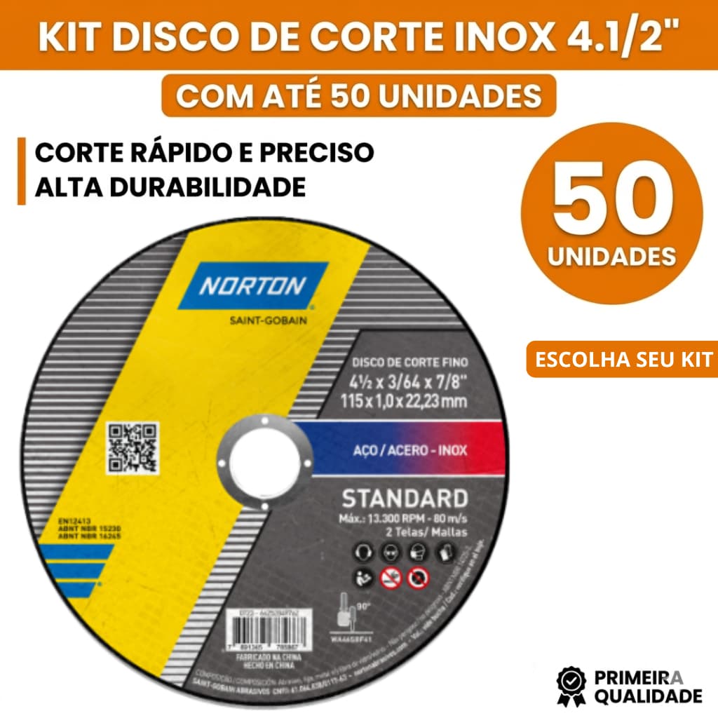 KIT DISCO DE CORTE INOX 4.1/2" (115MM X 22MM) – FINO | KIT COM 10, 20 OU 50 UNIDADES NORTON