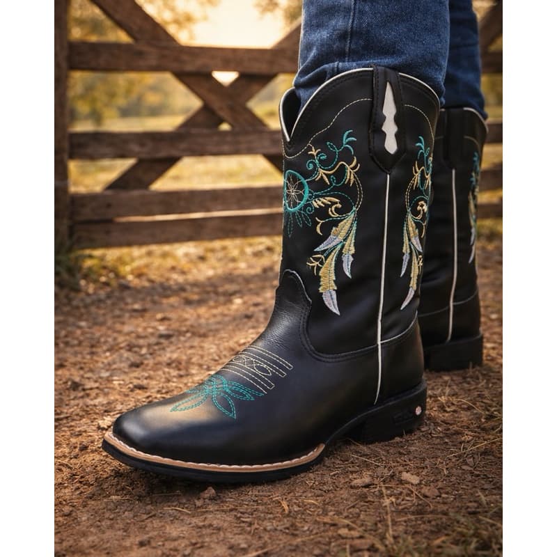 Bota Botina Feminina Menina Texana Country Bordada Pena Rodeio Festa De Peão Bico Quadrado