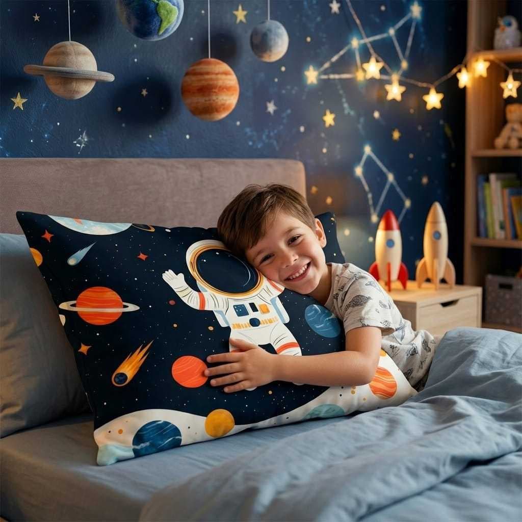 Fronha Infantil Astronauta 70x50cm Estampa Espaço Planetas Menino Macia Decorativa