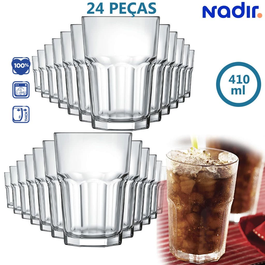 Kit Jogo 24 Copos Vidro Bristol long drink resistente 410ML transparente Vitaminas Drinks Bar Hotel
