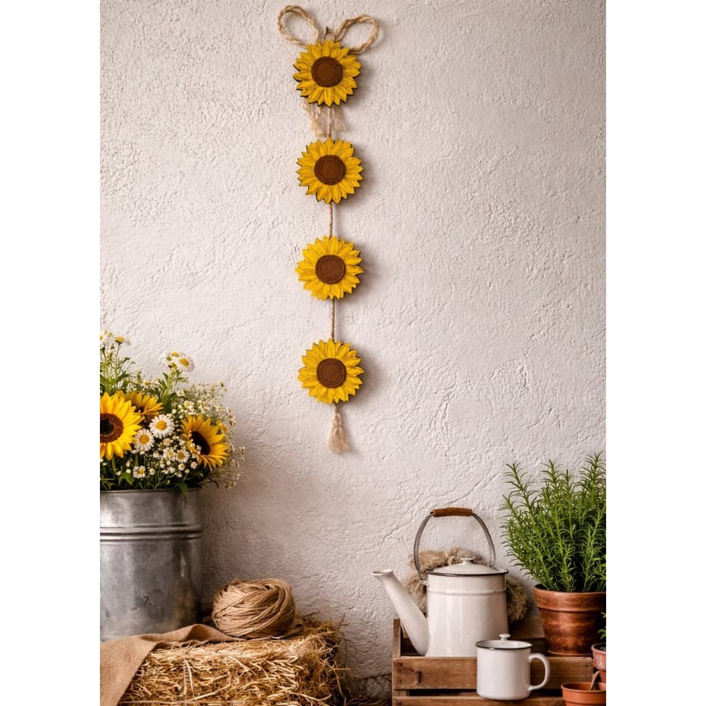 Margarida Girassol 4 Flores amarelo  MDF Penca 4 Flores Unidades Decoração Parede Festa Quarto Com Sisal
