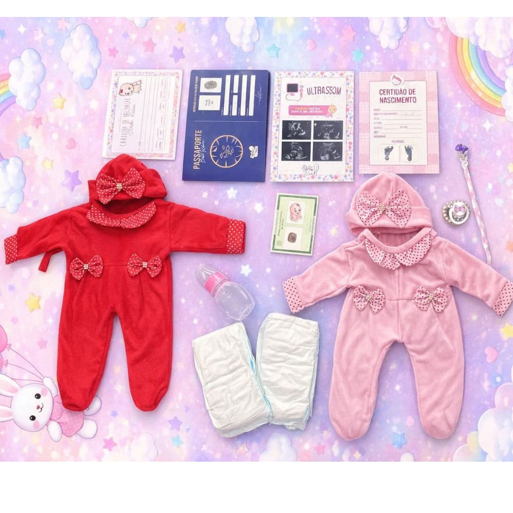 Kit Enxoval Bebê Reborn Completo com Macacões + Acessórios e Documentos Realistas