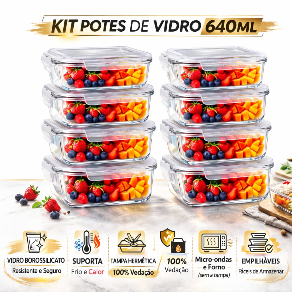 Conjunto 5/10 Potes 640ml Vidro Hermético Mantimentos Marmita Fitness