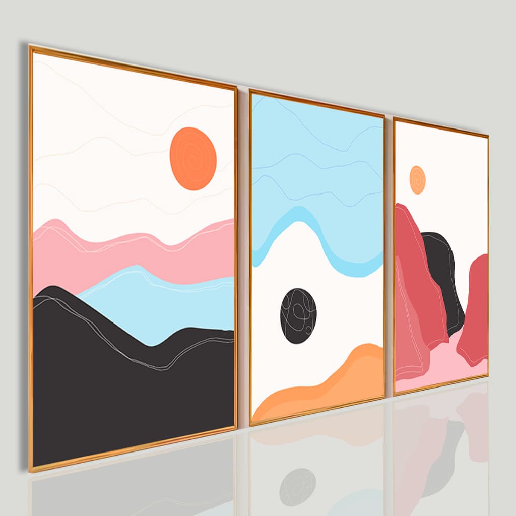 Quadro Decorativo Abstrato Paisagem Minimalista Kit 3 Peças Arte Moderna Minimalista Sala e Quarto