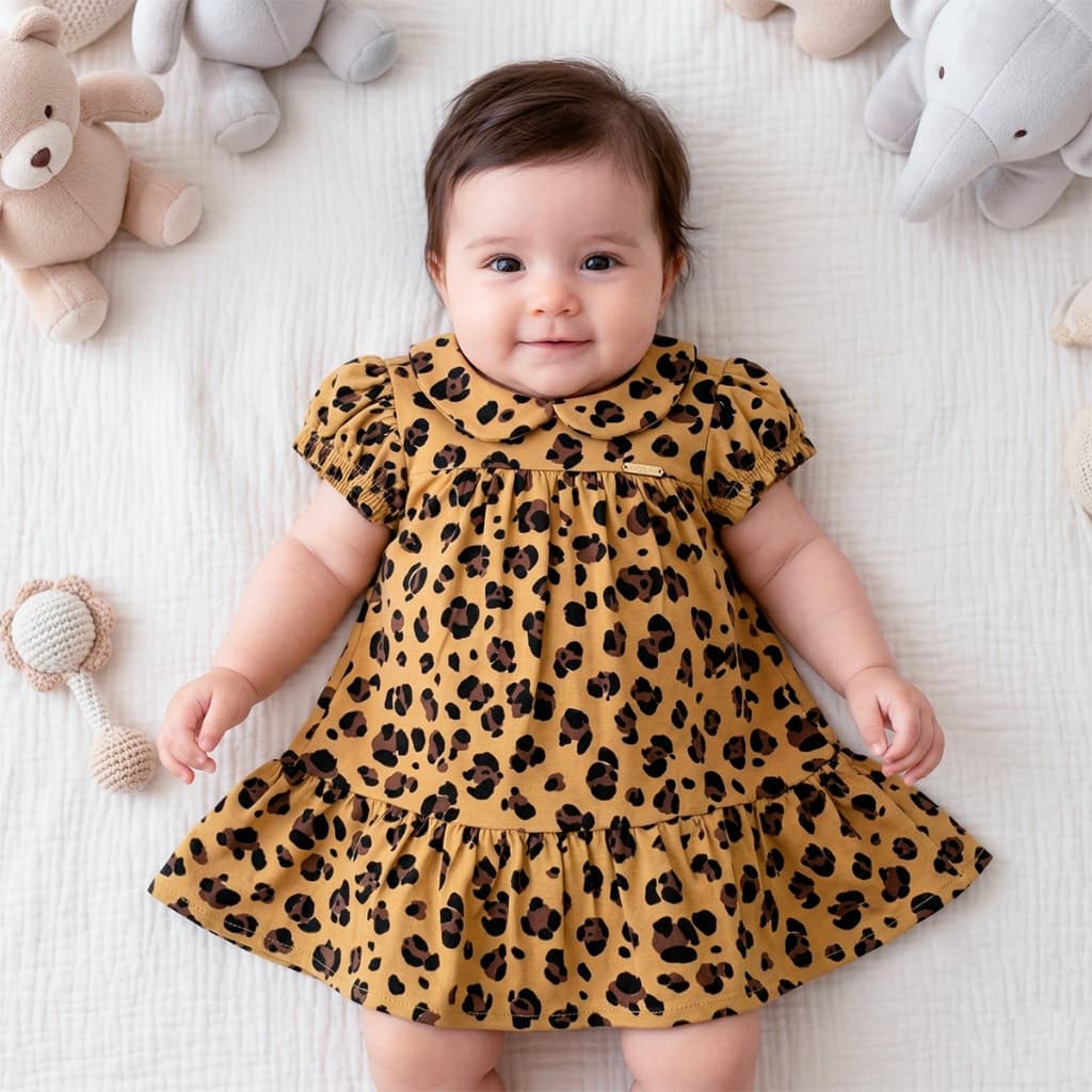 Vestidinho Estampa Oncinha Bebê Menina 100% Algodão Com Babado Conforto Look Dia a Dia