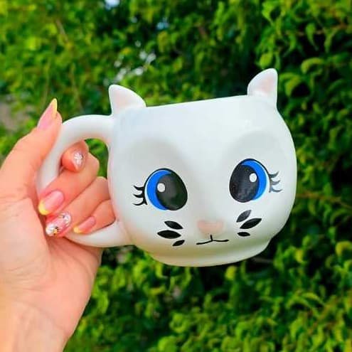 Caneca 3D Gato Olho Azul Gatinho Fofinho Cerâmica 300ml
