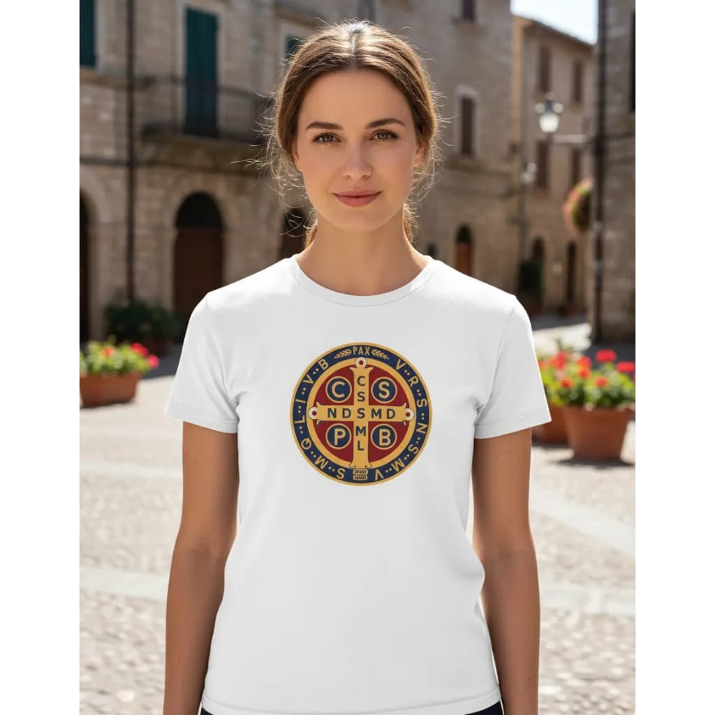 Camiseta Feminina Católica Medalha De São Bento 100% Algodão