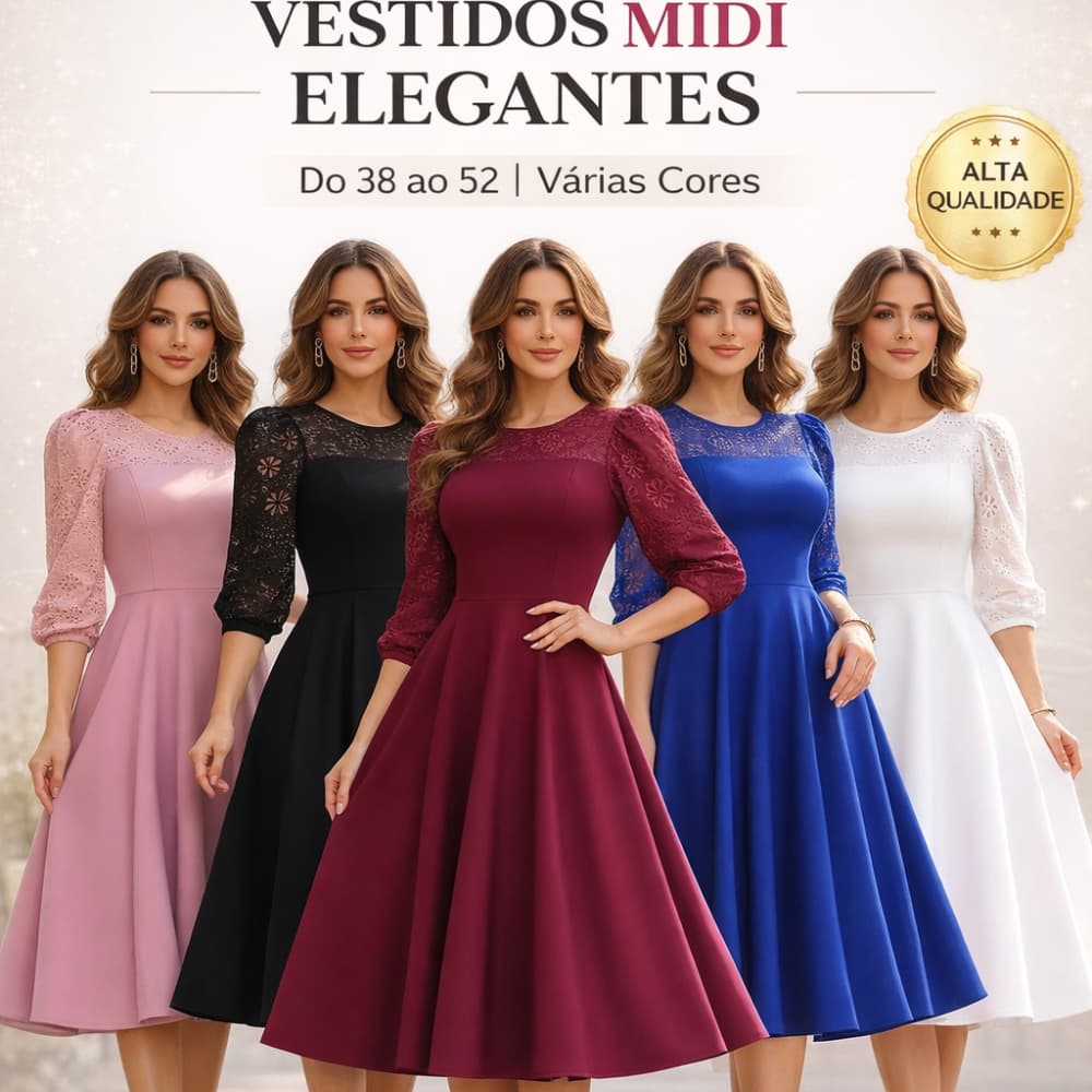VESTIDO FEMENINO RODADO MIDI CREPE MALHA DETALHE LESSE MALHA MODA EVANGELICA SOCIAL FESTA 38AO52