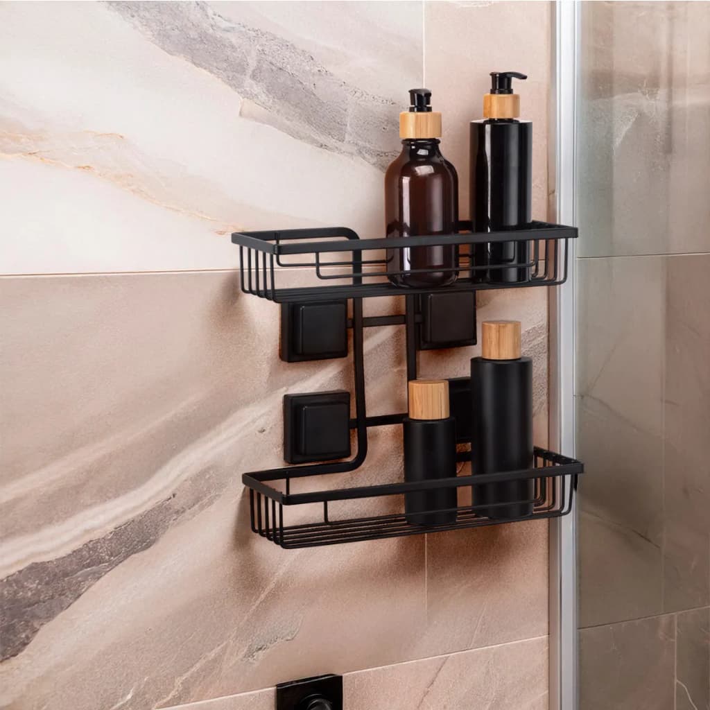 Porta Shampoo Prateleira Dupla Parede Preto Fosco Fita 3M Sem Furo Banheiro Box Organizador