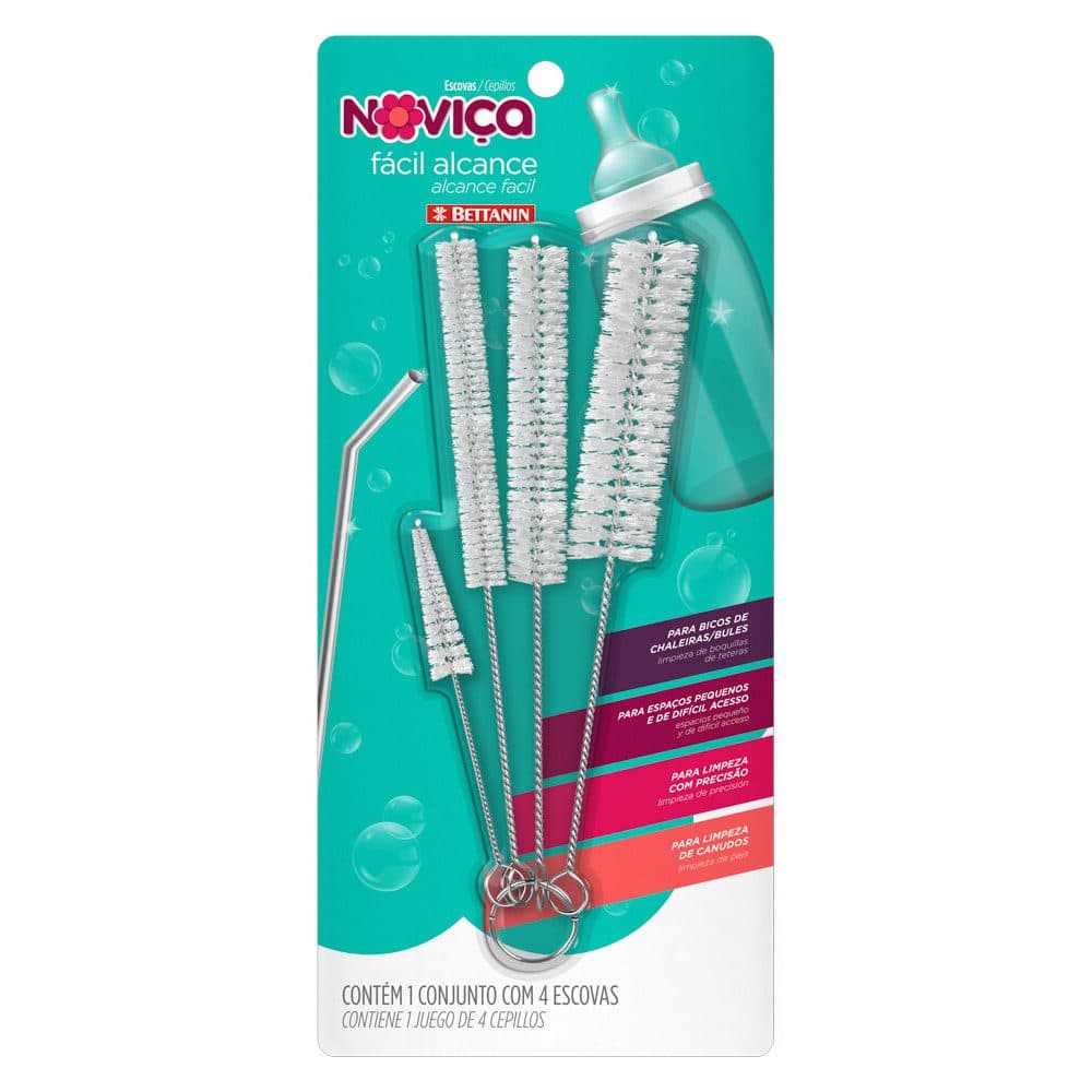 Kit 4 Escovas Limpeza Fácil Alcance Noviça Bettanin - Multiuso Mamadeira Canudo Garrafa