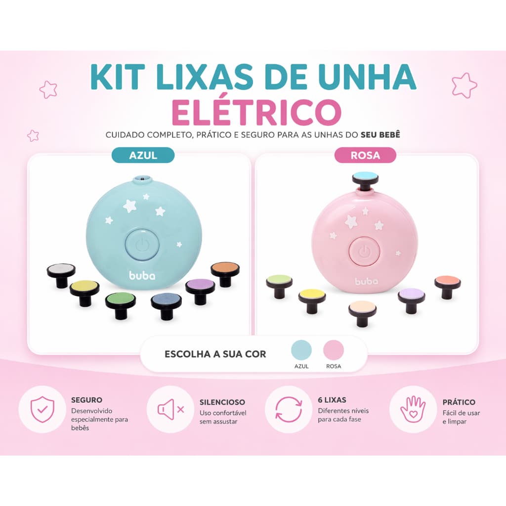 Kit 6 Lixas De Unha Infantil Elétrico Portátil Lixa De Unha Bebê Higiene Original Buba