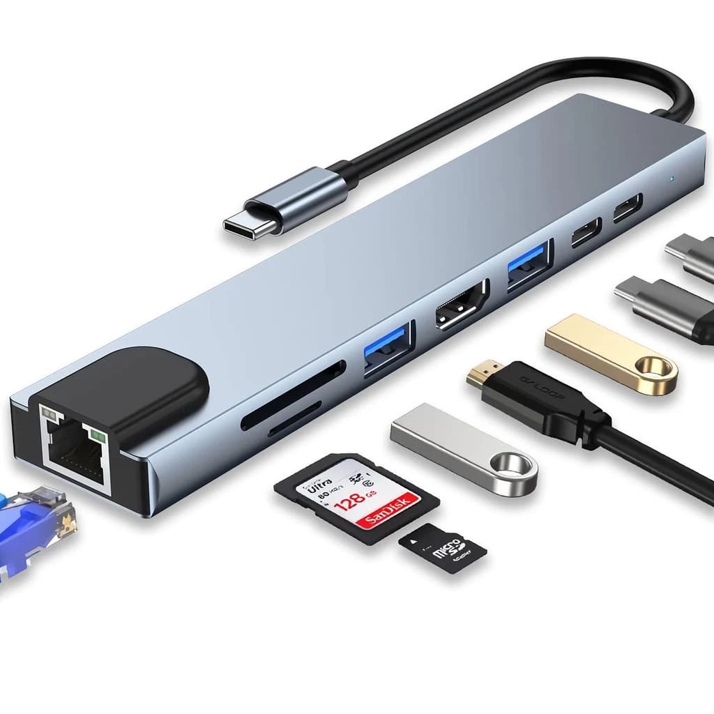Hub USB C 8 em 1 com HDMI 4K RJ45 Adaptador Tipo C com USB 3.0 PD para Notebook MacBook Celular