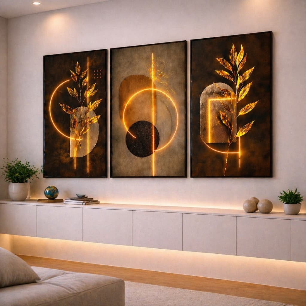 Quadro Decorativo Grande Sala Geométrico Luz Ouro Trio Nordic Hall HD  3 Peças