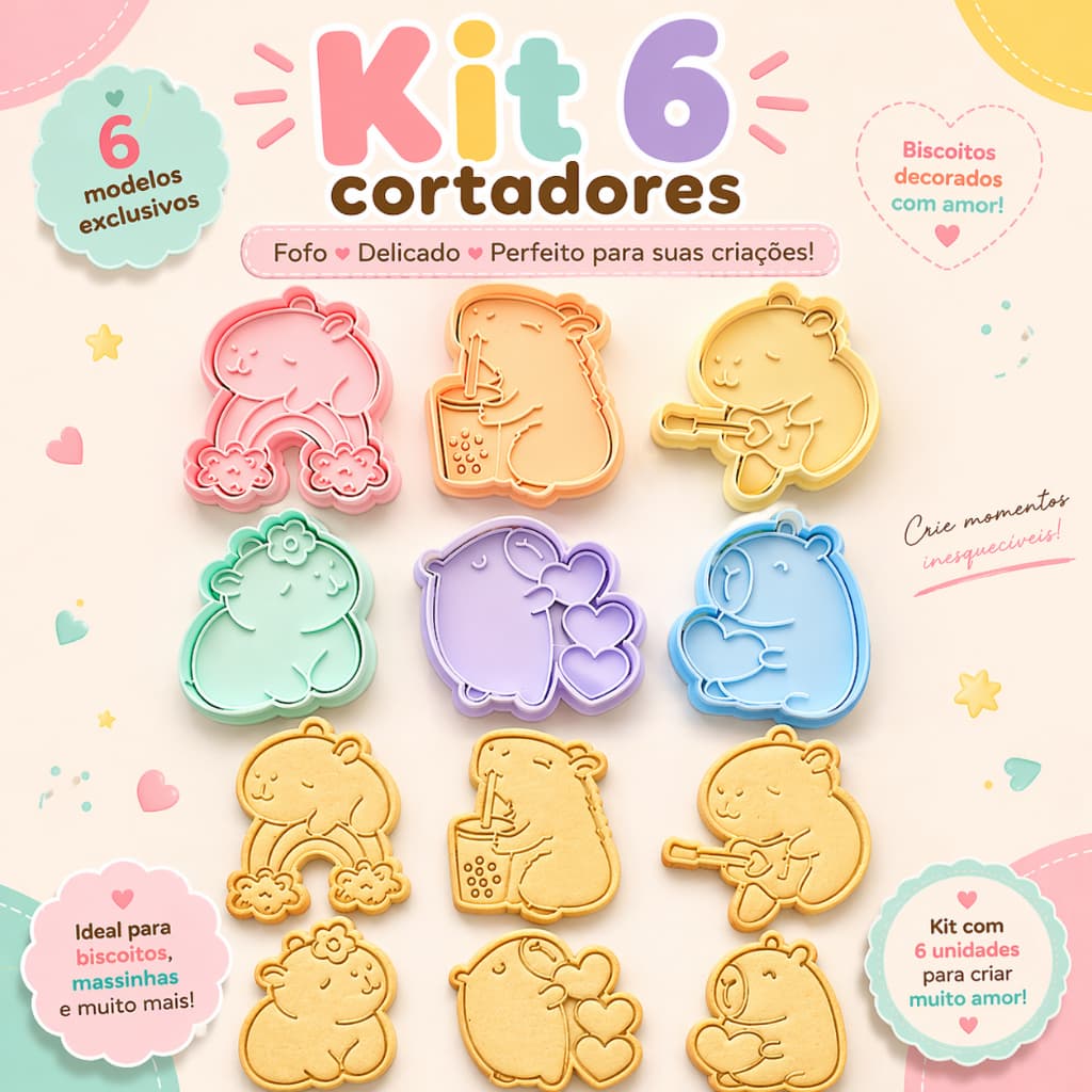 Kit 6 Cortadores de Biscoito Capivara com puxador, Cortador para Bolo Cookies Massinhas Molde