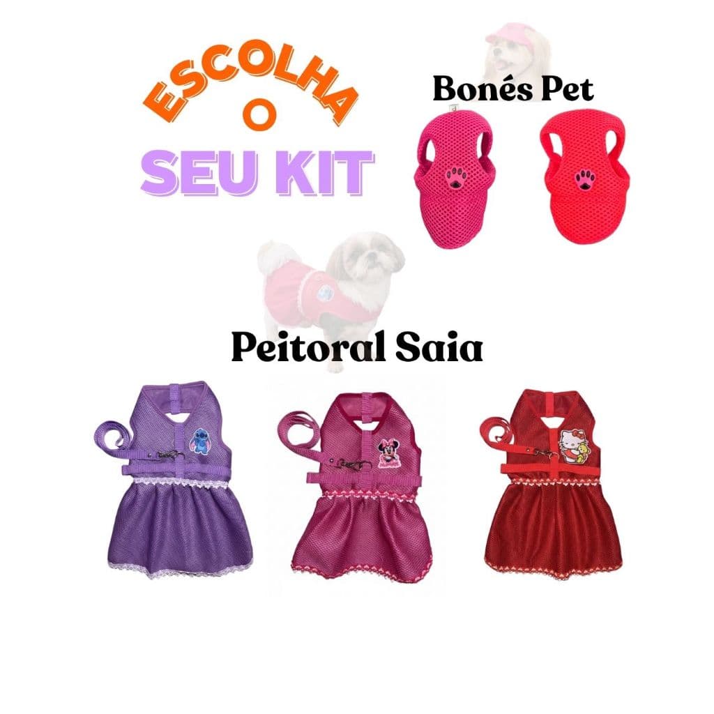 KIT PEITORAL SAIA E BONÉ PET PARA CACHORROS COM GUIA DE PASSEIO