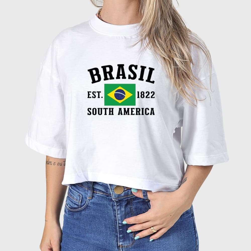 Cropped oversized 100% algodão - Brasil - Copa 2026 - Moda Gringa - Blogueira