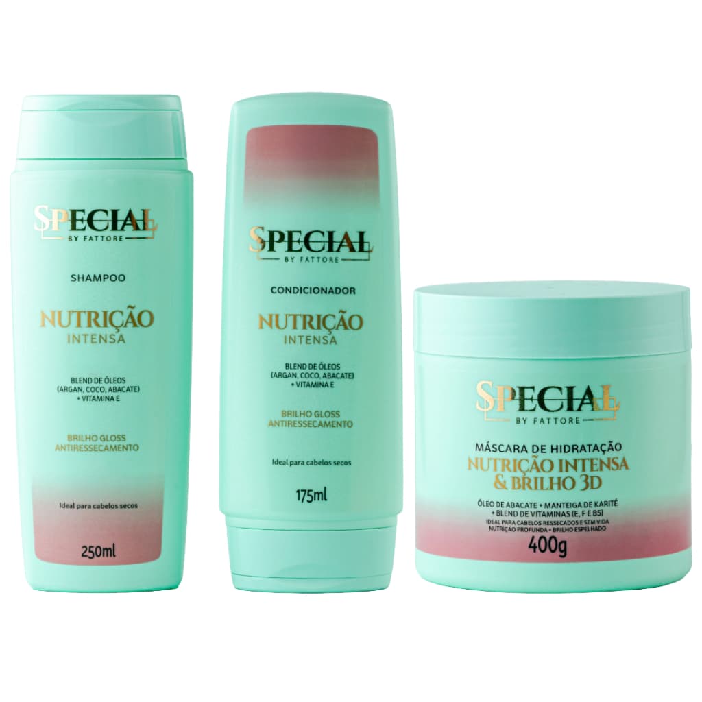Kit Shampoo e Condicionador + Máscara 400g Nutrição Capilar com Brilho 3D Fattore Special