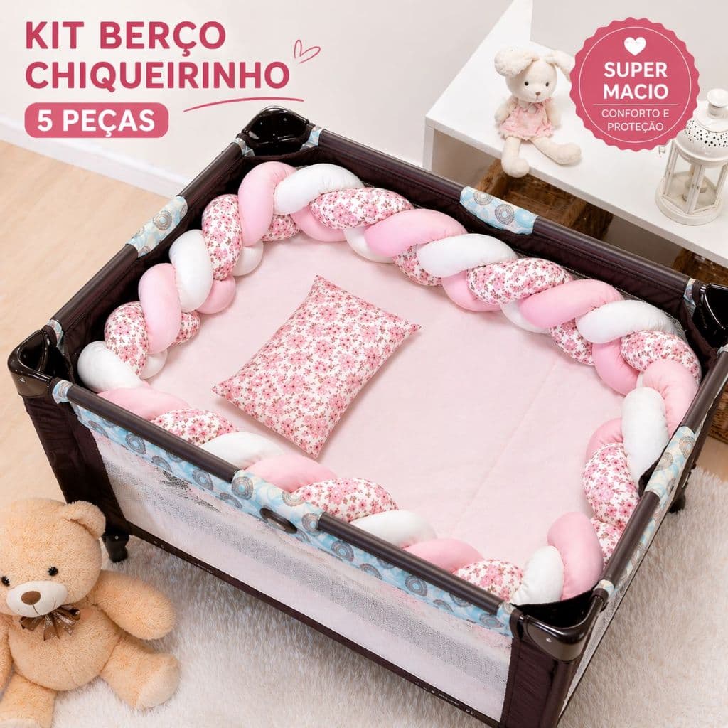 Kit Berço 5 Peças para Chiqueirinho Luxo – Conforto Máximo Macio e Seguro - Enxoval Completo Bebê