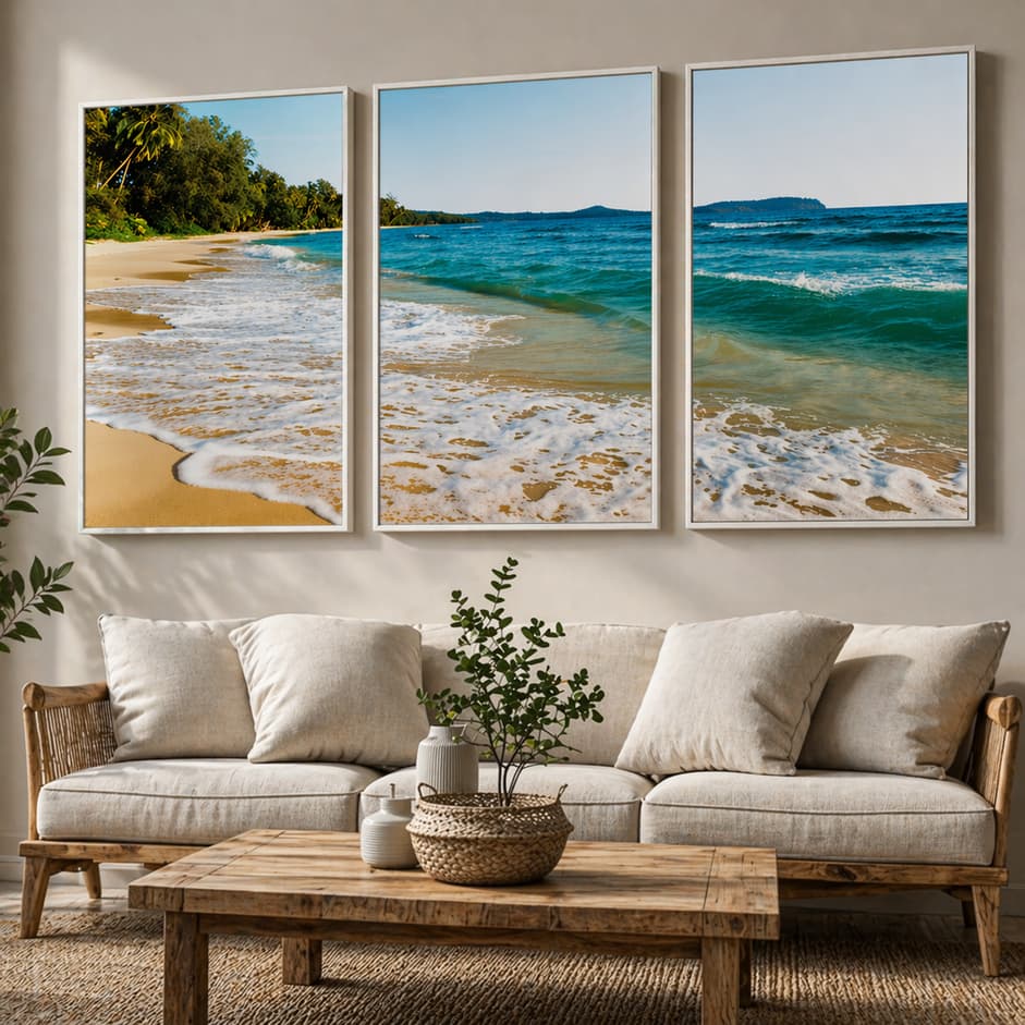Quadro Decorativo 3 Peças Mar Tranquilo Paisagem Oceano Decoração Sala Quarto