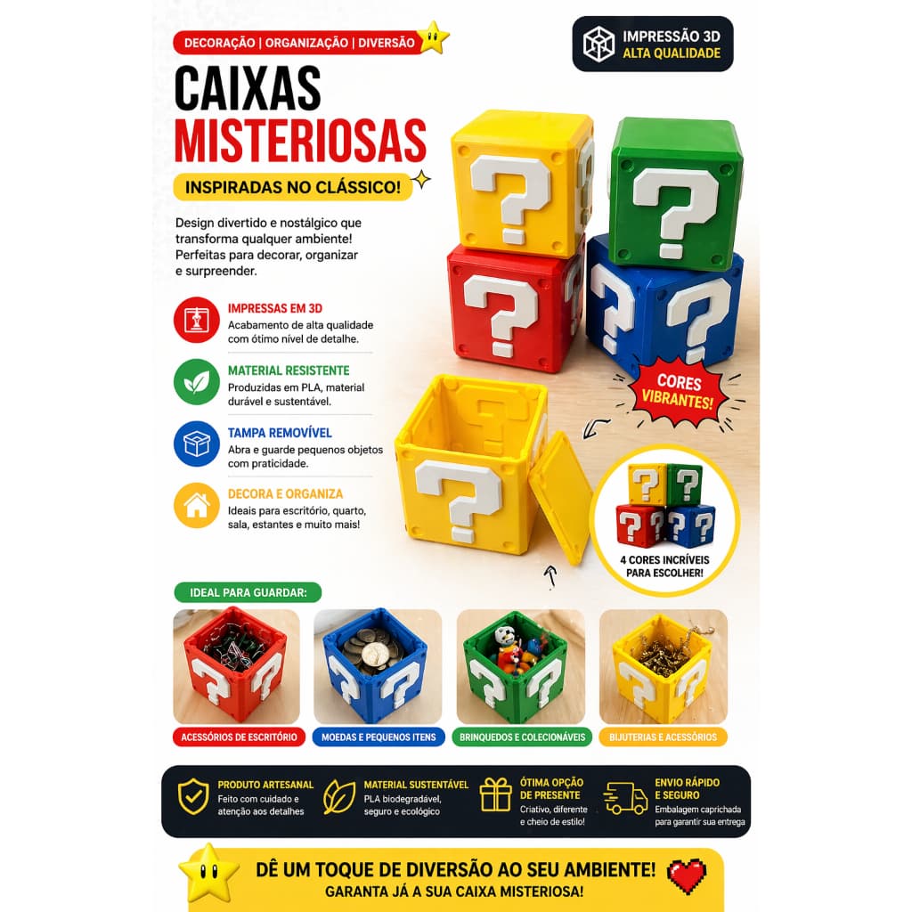 Kit 4 Caixas de Power-Up Inspiradas no Mario | Porta Objetos com Tampa | Impressão 3D PLA