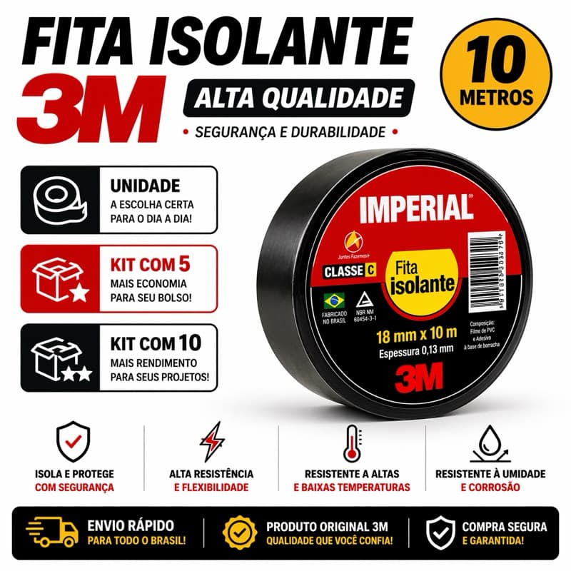 Fita Isolante Imperial 3M 10 Metros Profissional – Unidade / Kit 5 / Kit 10