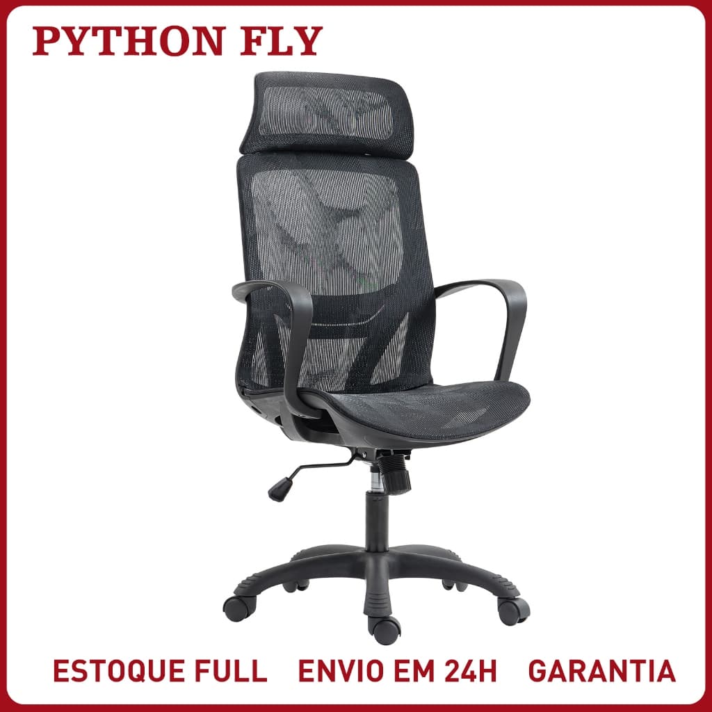 Cadeira de Escritório Presidente Ergonômica Giratória Mesh com Apoio de Cabeça Ajustável Reforçada Suporte Lombar Preta