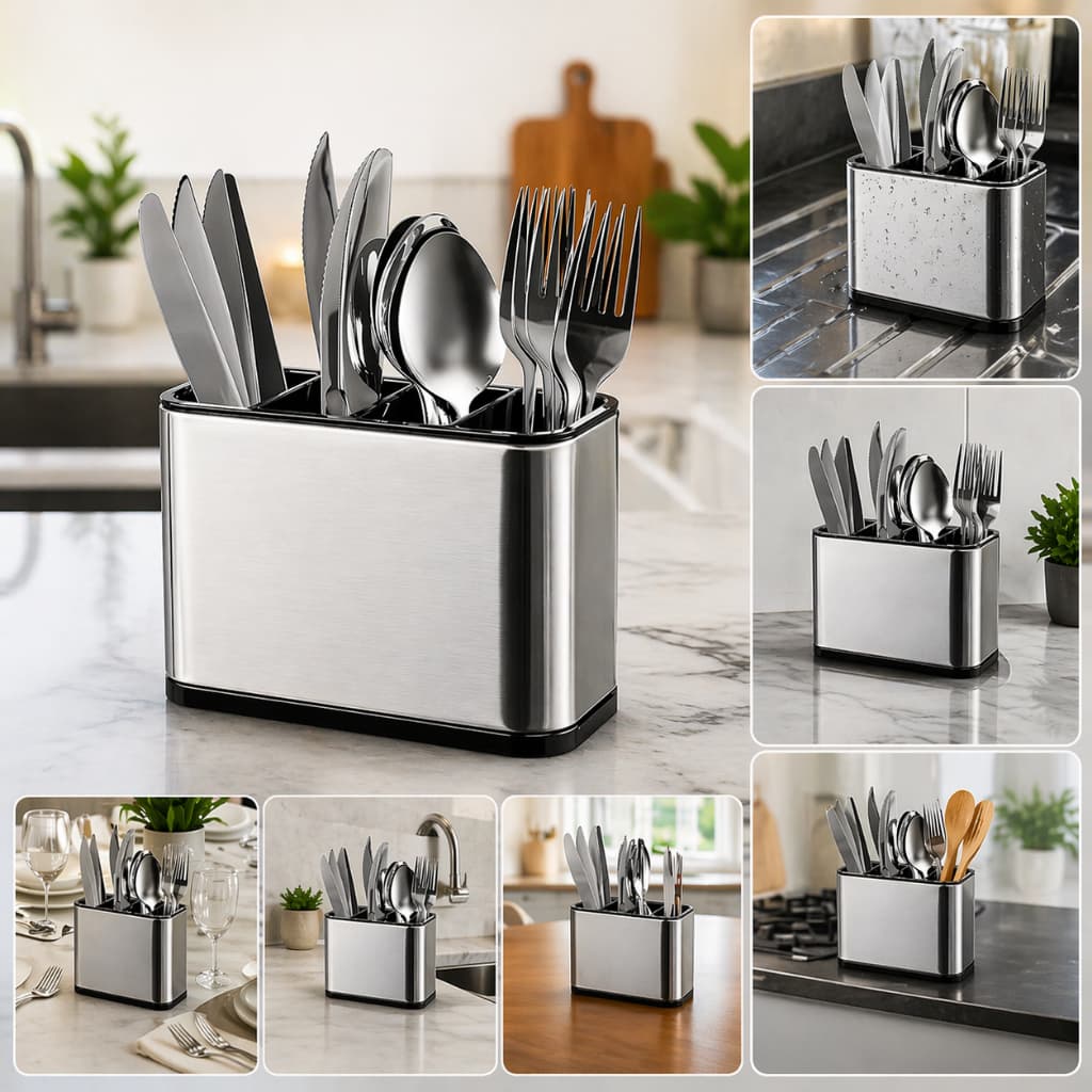 Dispenser Porta Talher Inox 4 Divisórias Organizador Cozinha Escorredor Moderno Prático