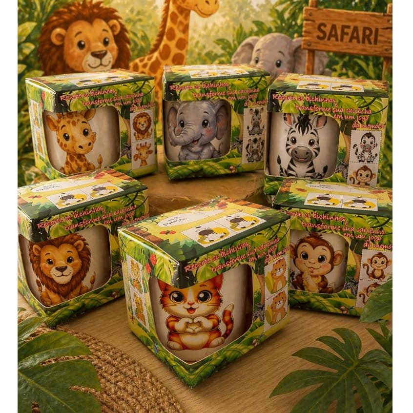 Kit Canecas 450ml Safari Decorativa Festa Infantil Com Caixinha Lembrancinhas Aniversário Plásticas
