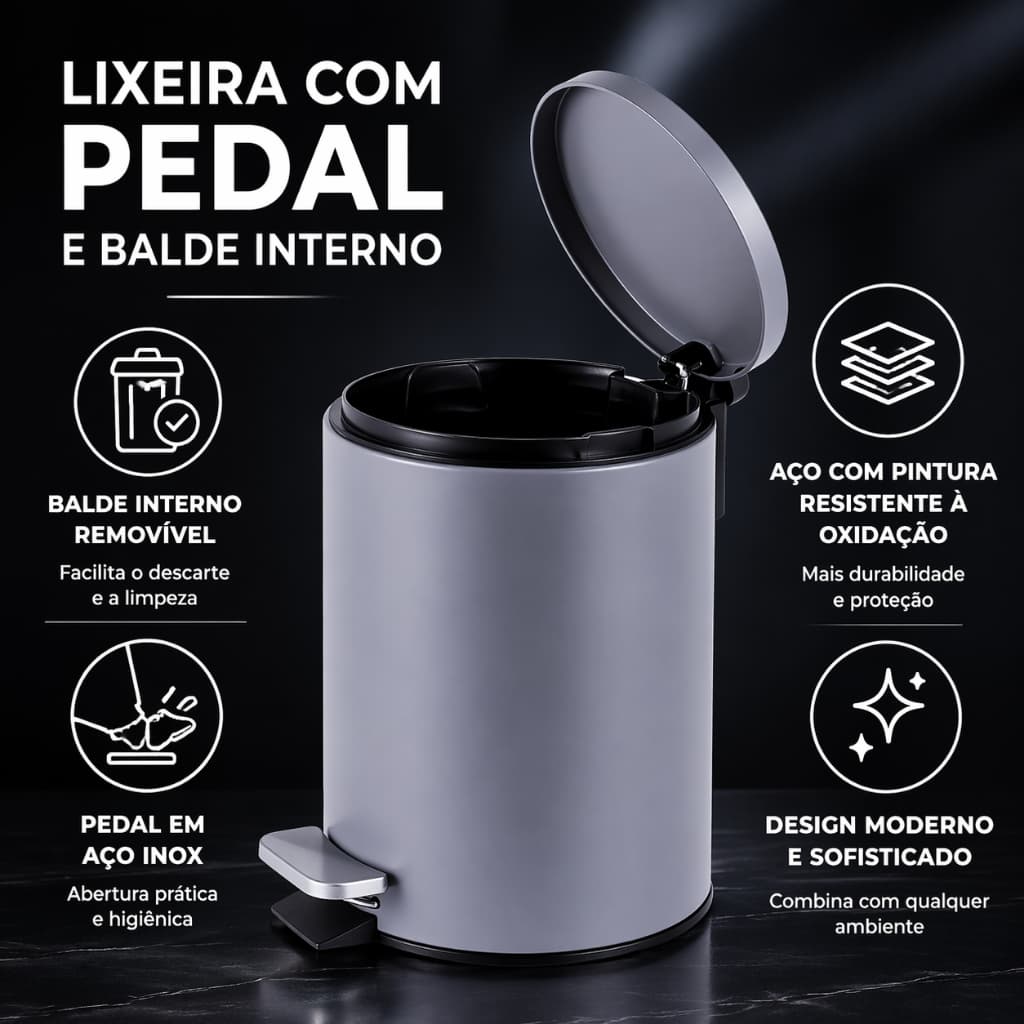 Lixeira Redonda Multiuso com Pedal Material Aço pintura resistente à oxidação 5 litros - Cinza Matte