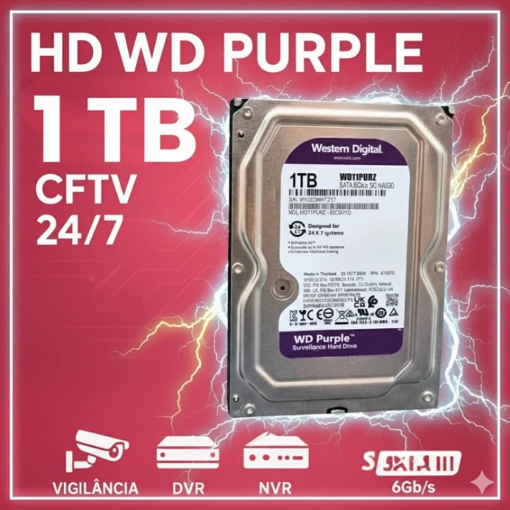 HD 1TB WD Purple WD10PURZ 3.5” SATA Para DVR CFTV Segurança Vigilância 24/7 Novo