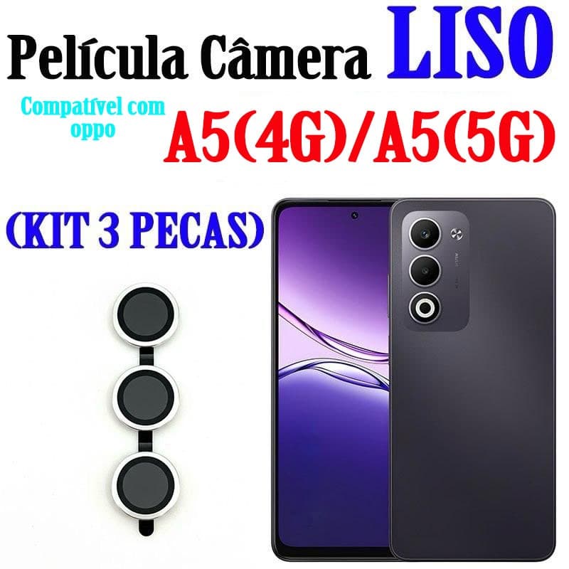 (KIT3PCS)Película De Câmera Liso Para OPPO A5(4G/5G) Protetor De Lente Com Anel De Metal Vidro Temperado