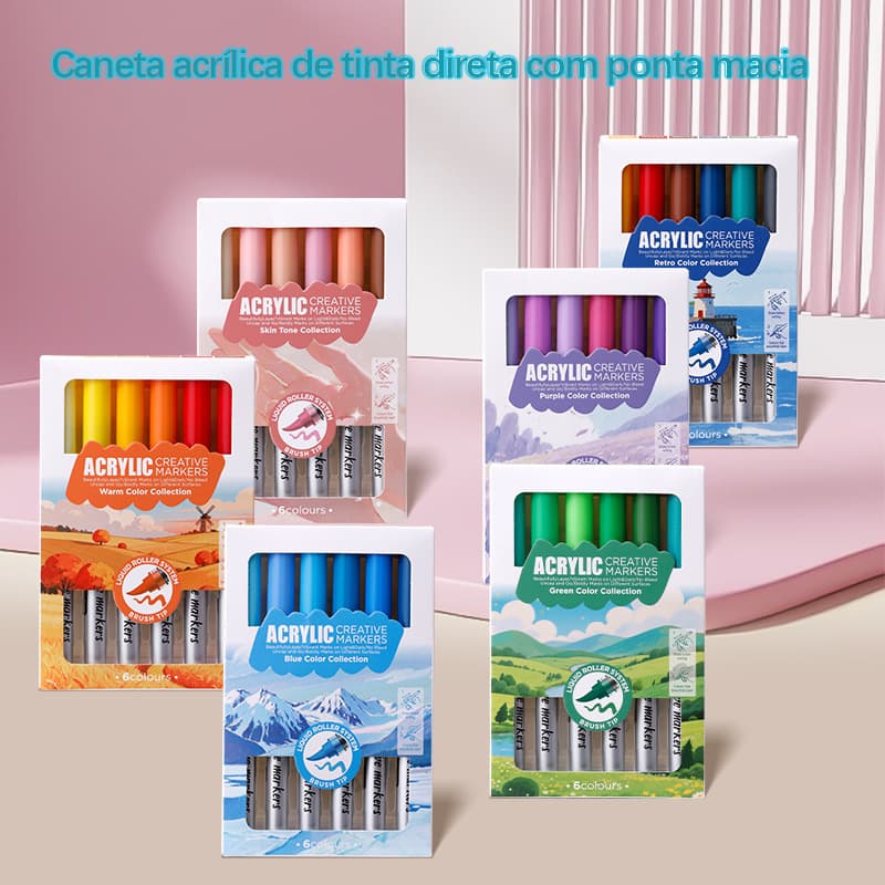 Caneta Acrílica 6 Cores Alta Cobertura Secagem Rápida Ponta Macia Para artistas estudantes e DIY
