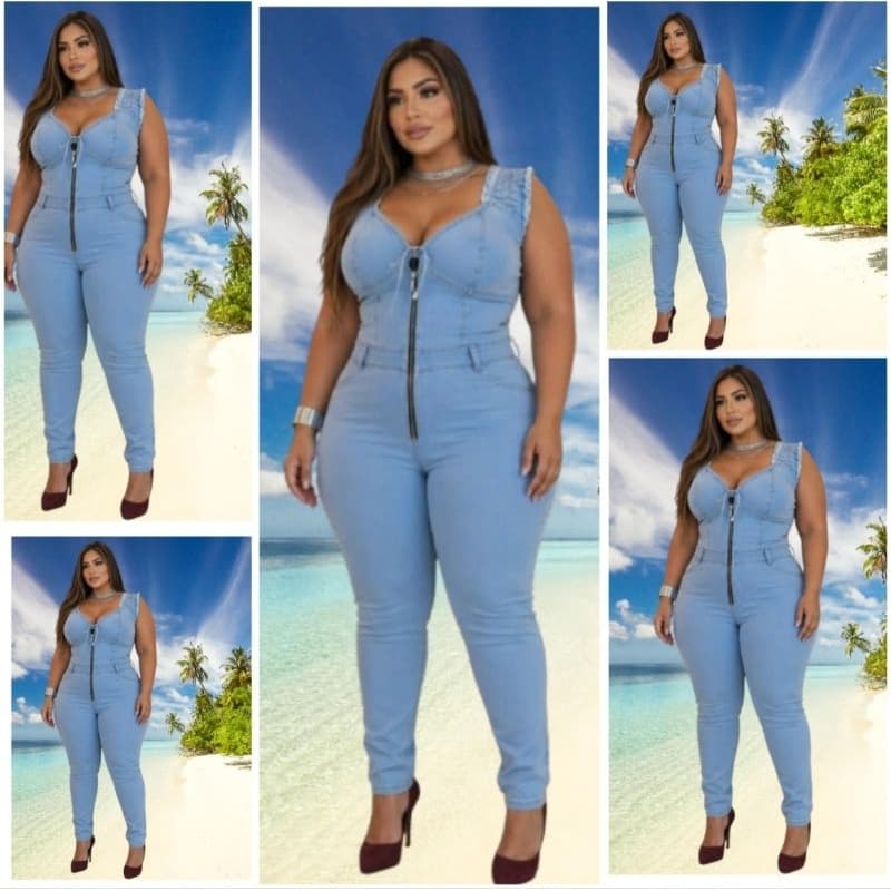 Macacão Plus Size Jeans Feminino Ciaganinha Plus Size Ombro a Ombro com lycra 44/46/48