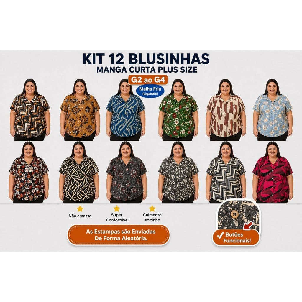 Kit 12 Camisas Plus Size Feminina Manga Curta Estilo Casual Botões Funcionais G2 ao G4 Atacado