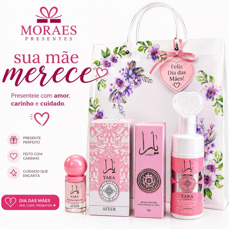 Kit Yara AFEER com gloss, creme de mãos, body splash e perfume, perfeito para presentear no Dia das Mães 💖