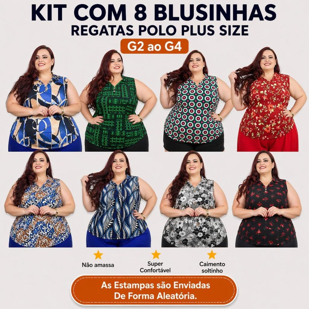 Kit 8 Regatas Feminina Plus Size G2 ao G4 Não Amassa Malha Fria Promoção Relâmpago Atacado