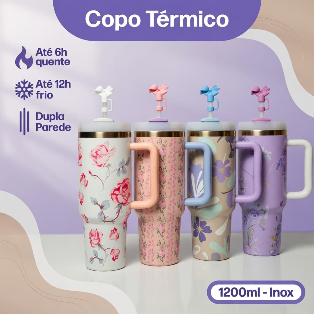 Copo Térmico com Canudo 1200ml Inox Alta Capacidade Mantém Quente e Frio