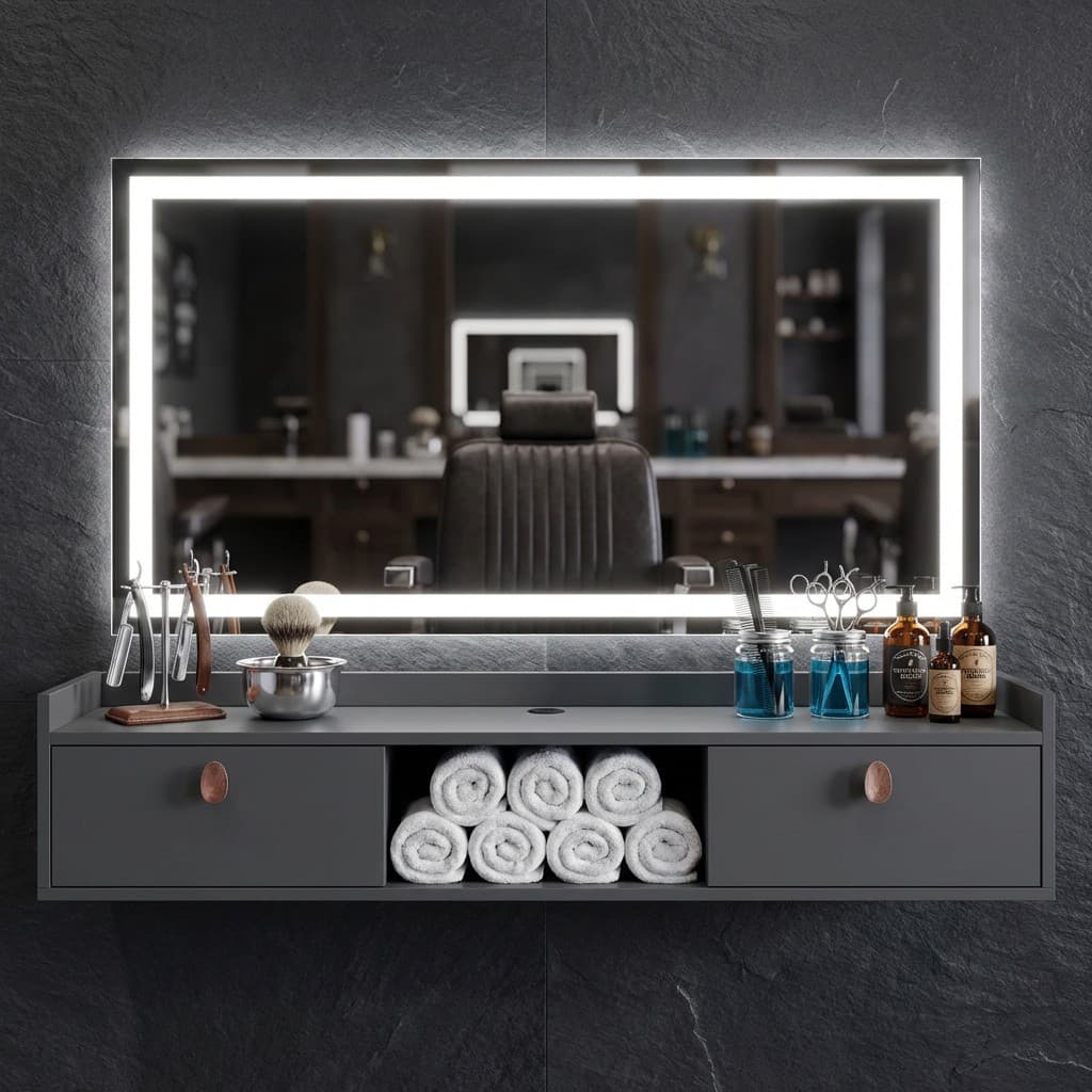 BANCADA BARBEARIA COM GAVETAS PORTAS BARBER POLE SUSPENSA PARA CORTE DE CABELO 7BARBA BOZZANO LIFE ENTREGA IMEDIATA