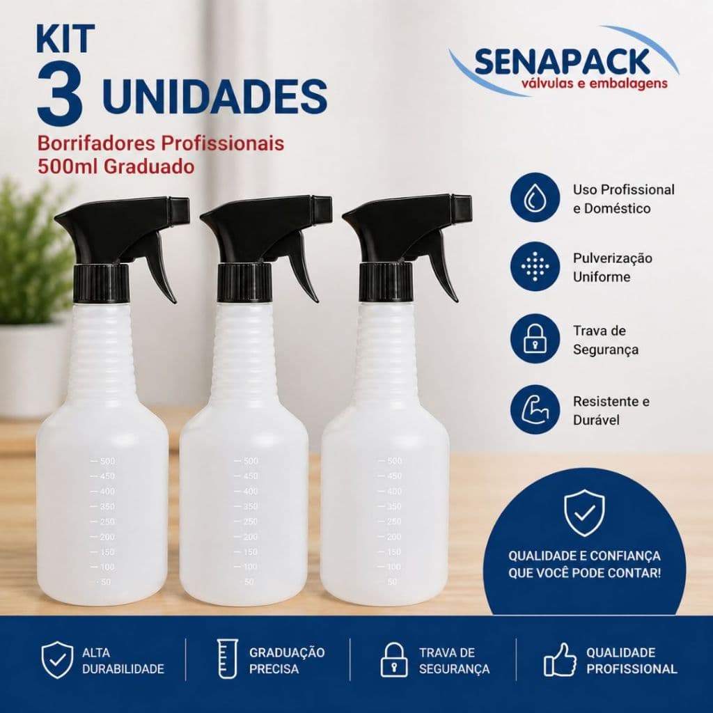 Borrifador Profissional 500ml Graduado Kit C/3  Alta Resistência Material Polietileno