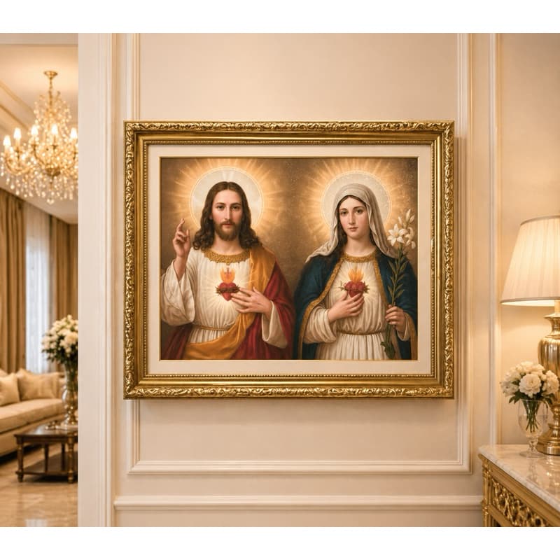 Quadro Sagrado coração Jesus e Maria 40x50 cm - moldura dourada - quadro decorativo