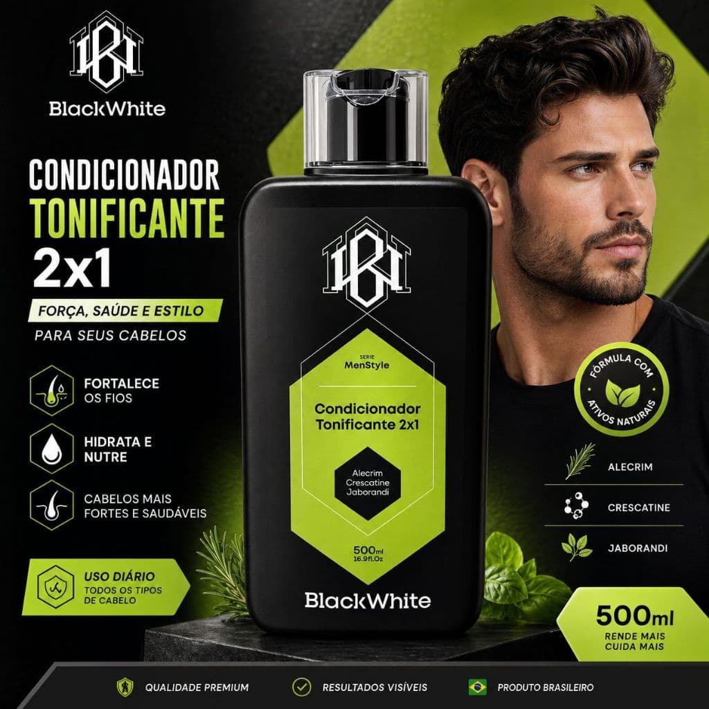 Black White Condicionador Capilar e Barba Tonificante 2 em 1 - Hidrata e Fortalece os Fios - 500ml